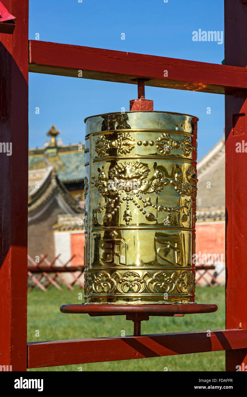 La preghiera buddista ruota, Erdene Zuu monastero, Kharkhorin, Sito Patrimonio Mondiale dell'UNESCO, Orkhon Valley, Övörkhangai Aimag Foto Stock