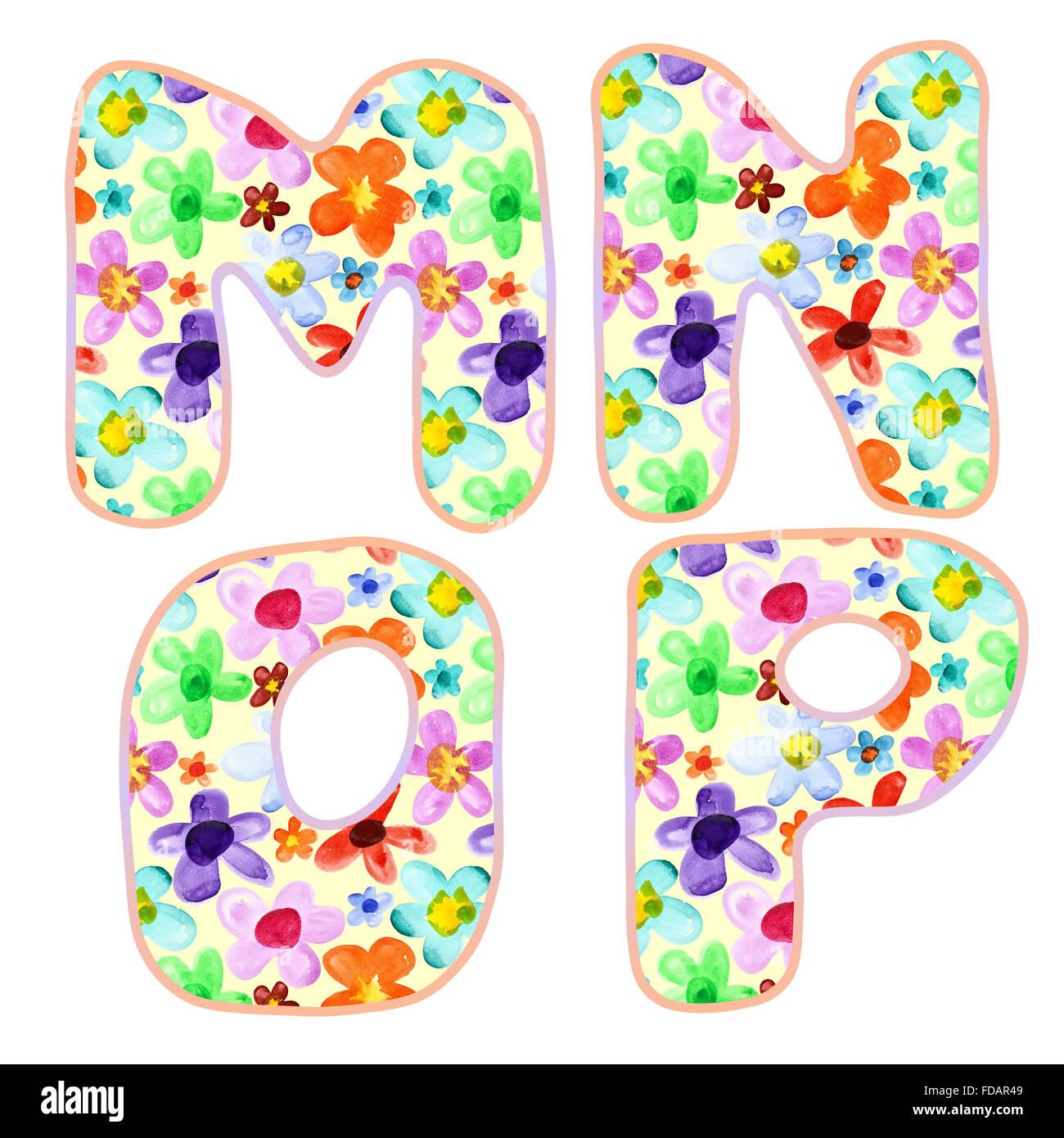 Alfabeto con colorati fiori acquerello pattern. Le lettere M, N, O, P Foto Stock