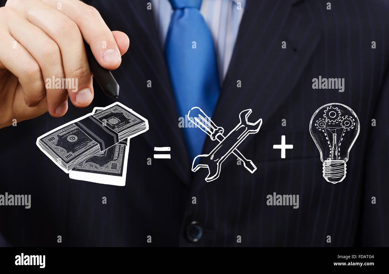 Close up di imprenditore disegno per far soldi formula Foto Stock