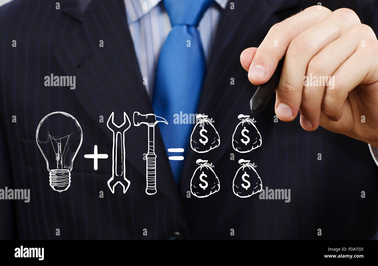 Close up di imprenditore disegno per far soldi formula Foto Stock