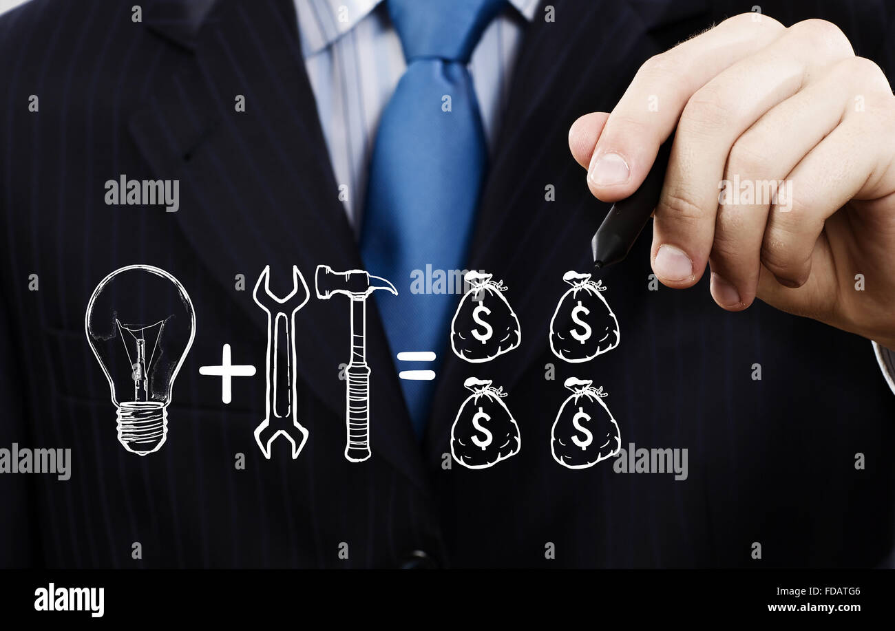 Close up di imprenditore disegno per far soldi formula Foto Stock