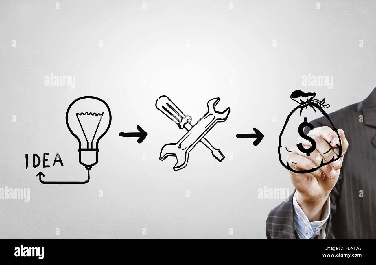 Close up di imprenditore disegno per far soldi formula Foto Stock
