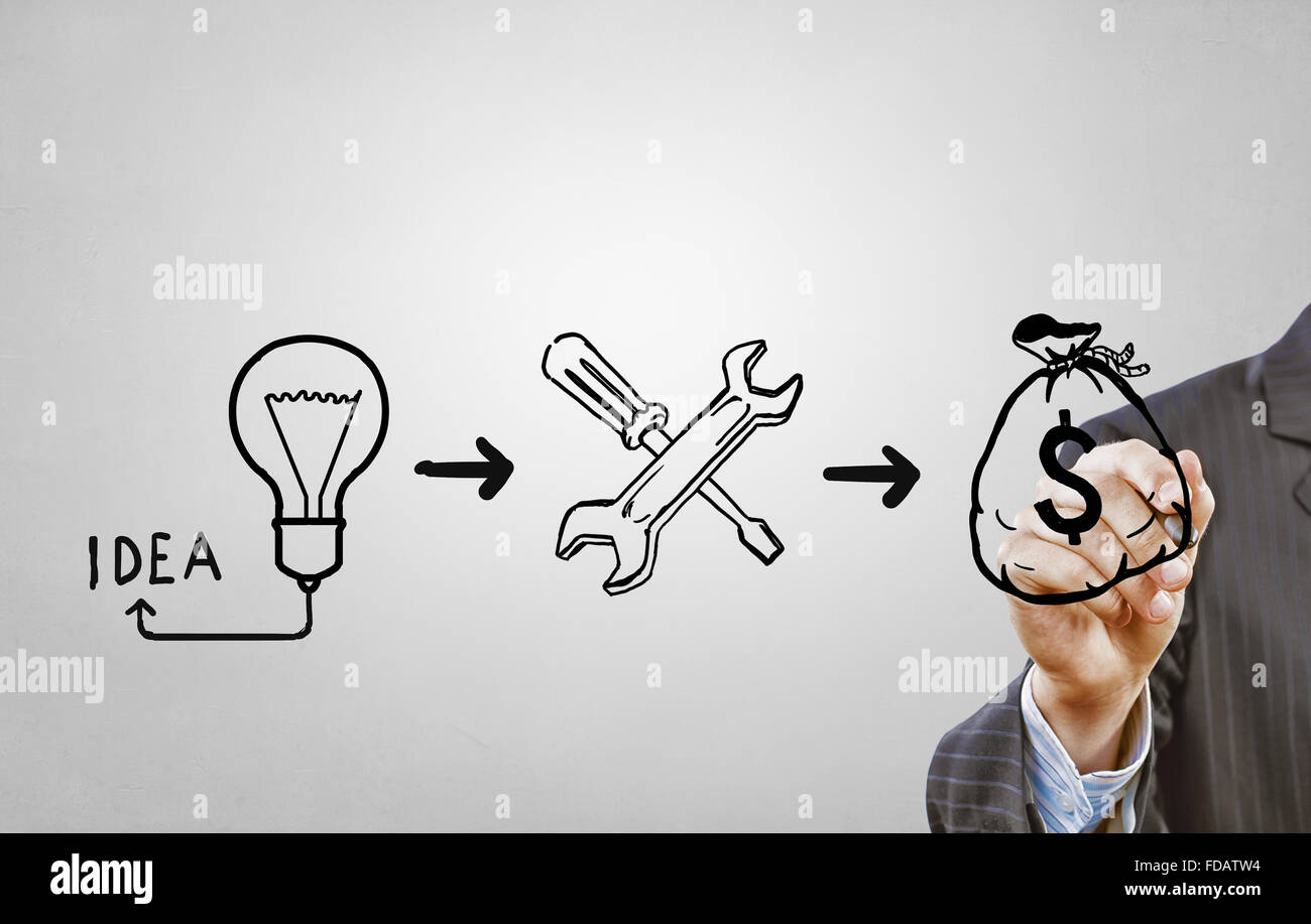 Close up di imprenditore disegno per far soldi formula Foto Stock