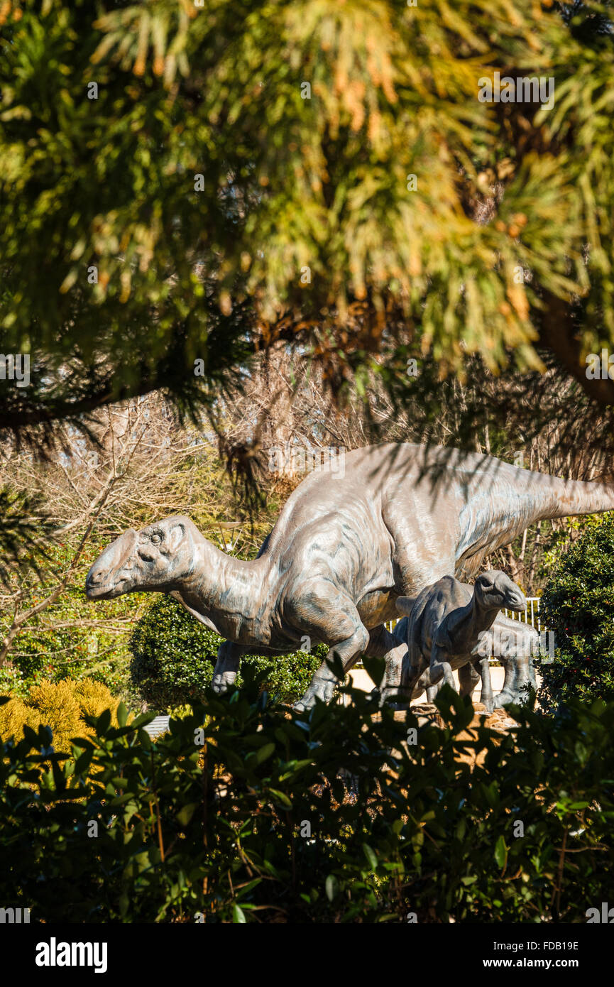 In bronzo sculture di dinosauri a dinosauro Plaza, l'ingresso di Fernbank Museum di Storia Naturale di Atlanta, Georgia, Stati Uniti d'America. Foto Stock