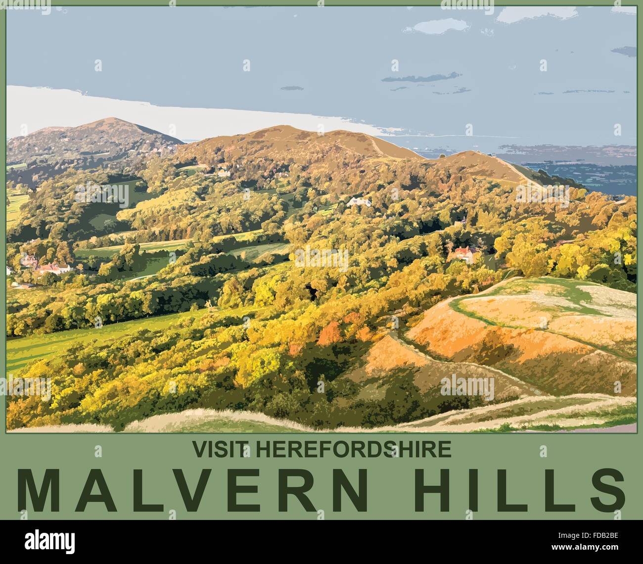 Un poster in stile interpretazione della Malvern Hills guardando dal British camp, Worcestershire, Inghilterra. Regno Unito Foto Stock