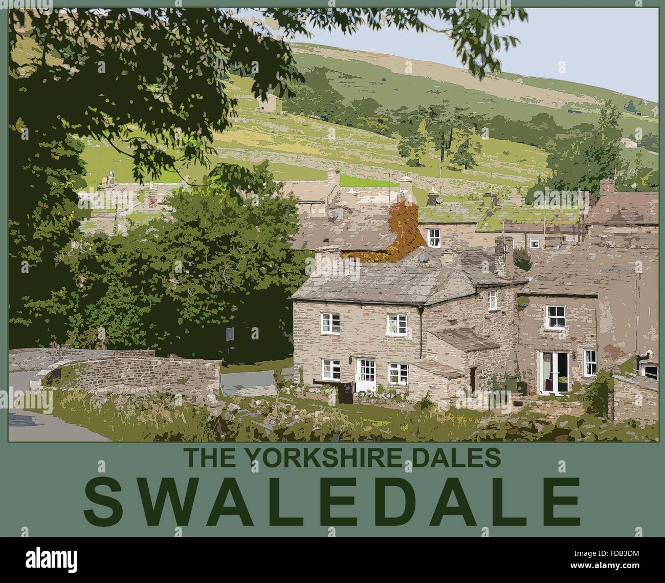 Un poster in stile illustrazione da una fotografia del villaggio di Thwaite, Yorkshire Dales National Park, nello Yorkshire, Inghilterra, Regno Unito Foto Stock