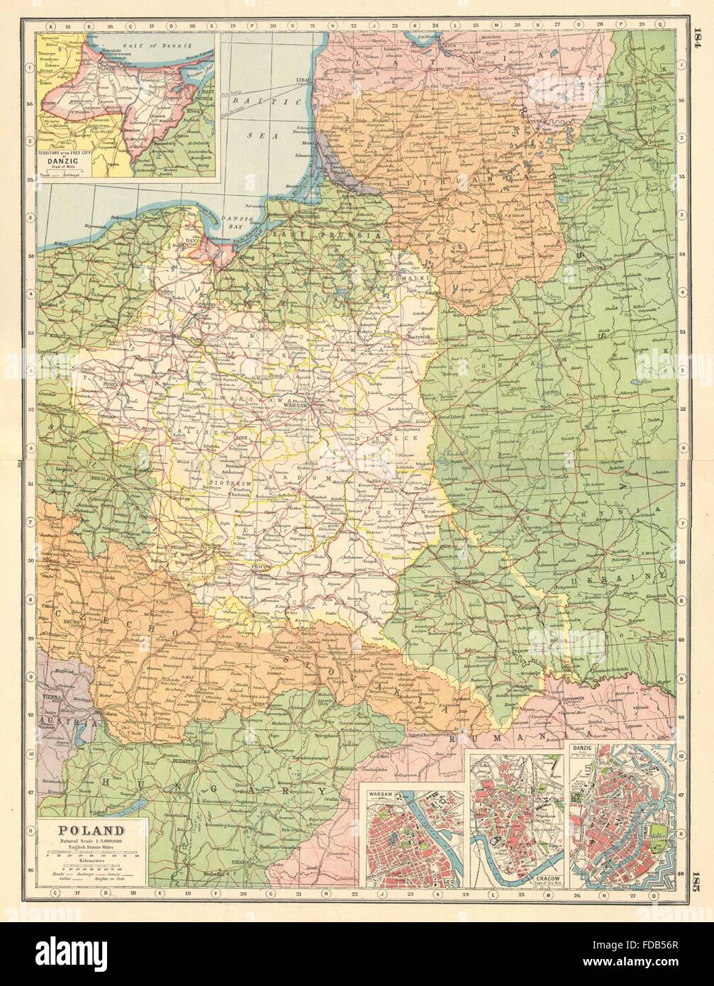 Polonia: inset piani di Danzica Danzica Varsavia Cracovia Cracovia.La Prussia orientale, 1920 Mappa Foto Stock