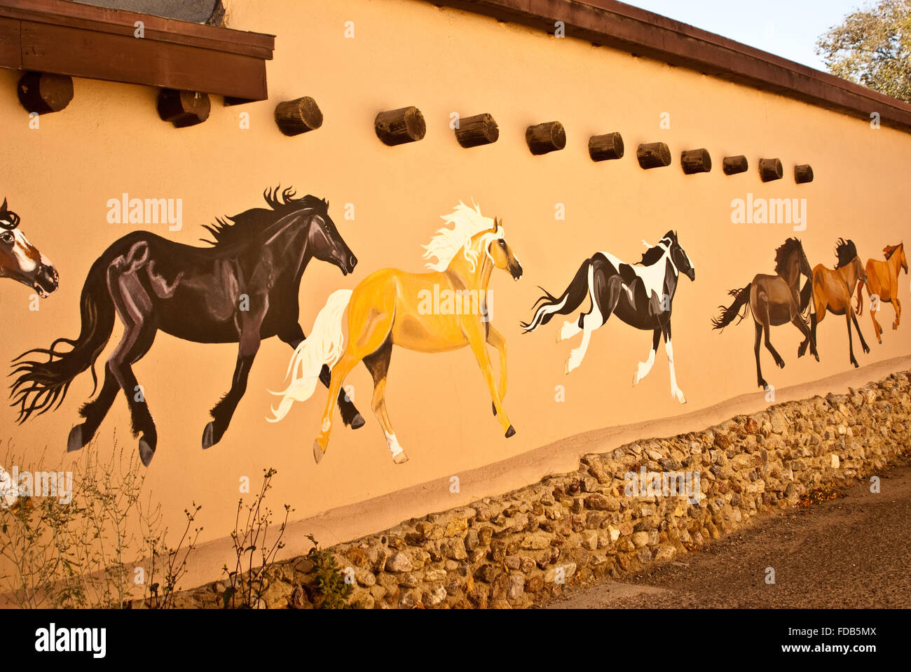 Il murale raffigurante selvaggi cavalli dipinte sui muri della città vecchia di Taos, Nuovo Messico usa Foto Stock