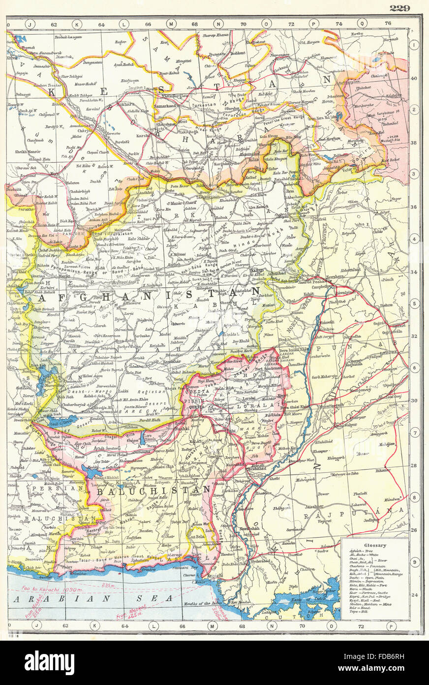 BALUCHISTAN & AFGHANISTAN:Pakistan Punjab di Frontiera del Nord Ovest.Ferrovie, 1920 Mappa Foto Stock