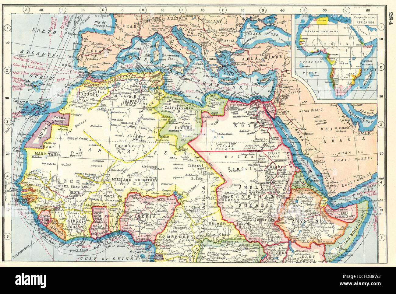 Nord Africa: inset colonie europee in Africa 1884. HARMSWORTH, 1920 mappa vecchia Foto Stock