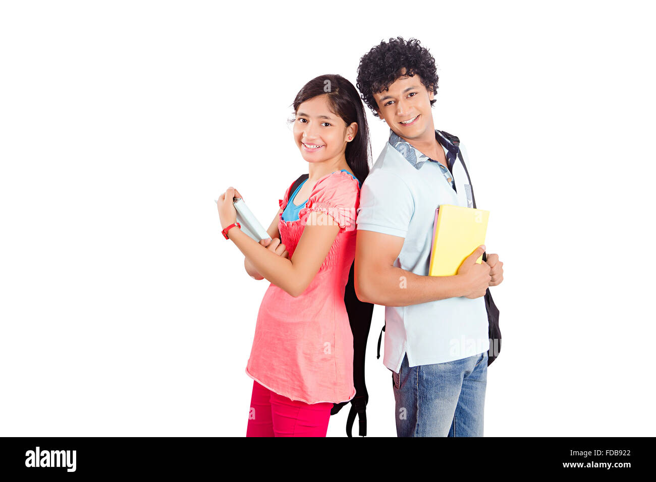 2 adolescenti studente amici dell'Università di schiena in piedi Foto Stock