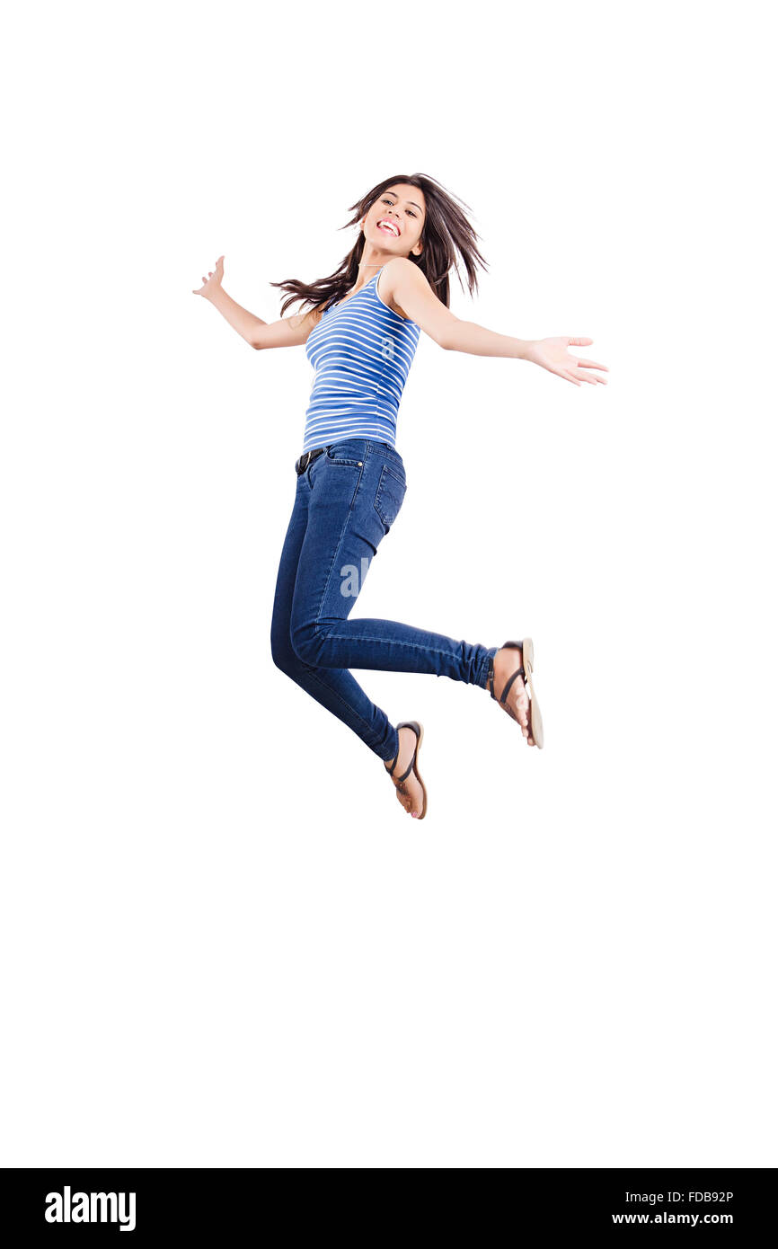 1 ragazza adolescente studente di college Jumping celebrazioni Foto Stock
