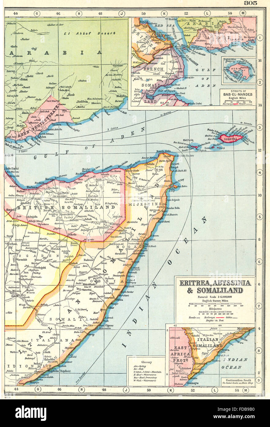 Corno d Africa: Somaliland Aden Gibuti Yemen; dello stretto di Bab el Mandeb, 1920 Mappa Foto Stock