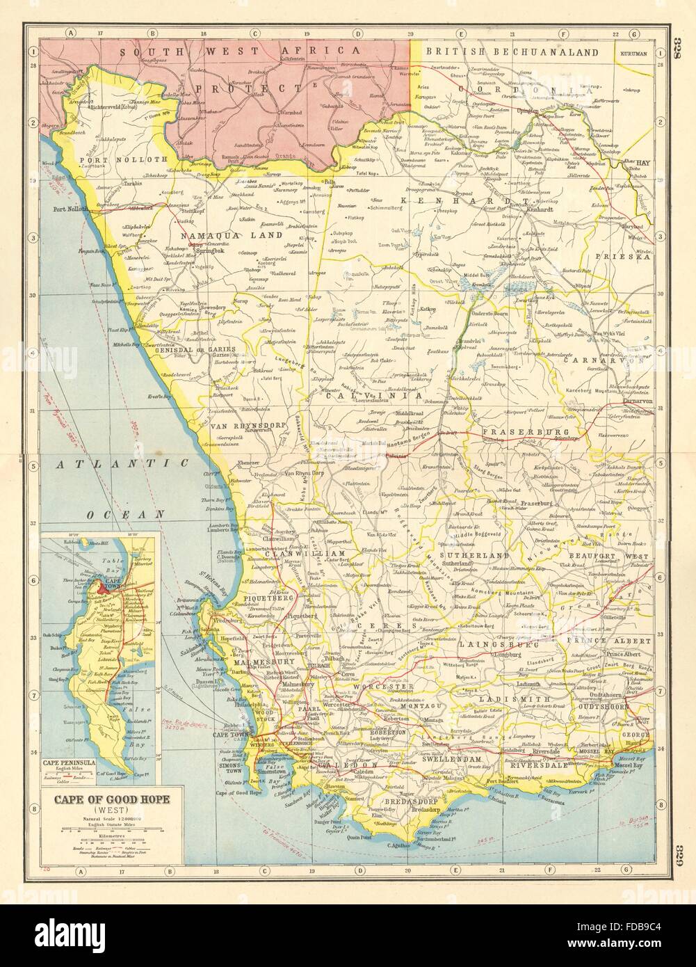 WESTERN CAPE/Capo di Buona Speranza:inset Cape Peninsula.Cape Town.Ferrovie, 1920 Mappa Foto Stock