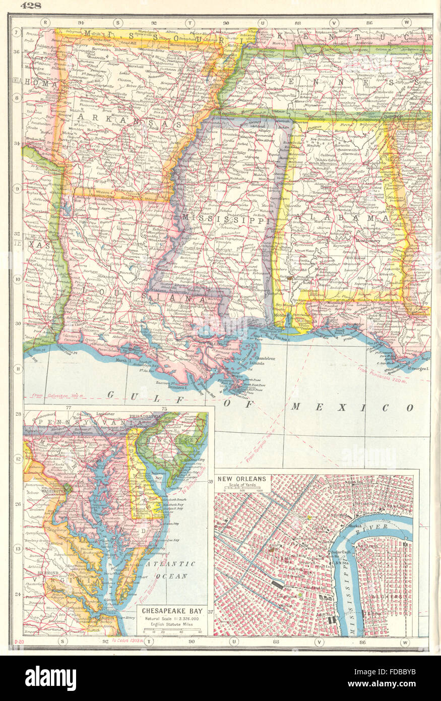 USA: Alabama Mississippi Louisiana Arkansas.Chesapeake Bay;New Orleans, 1920 Mappa Foto Stock