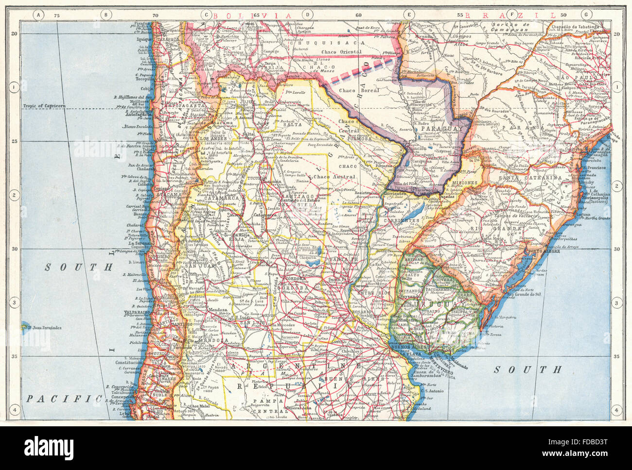 Sud America CENTRAL:Argentina Cile Uruguay Paraguay Brasile.Ferrovie, 1920 Mappa Foto Stock