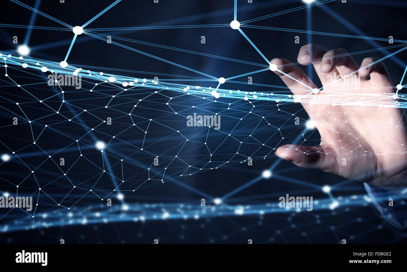 Imprenditore mano toccare con un dito il collegamento digitale linee sullo schermo virtuale Foto Stock