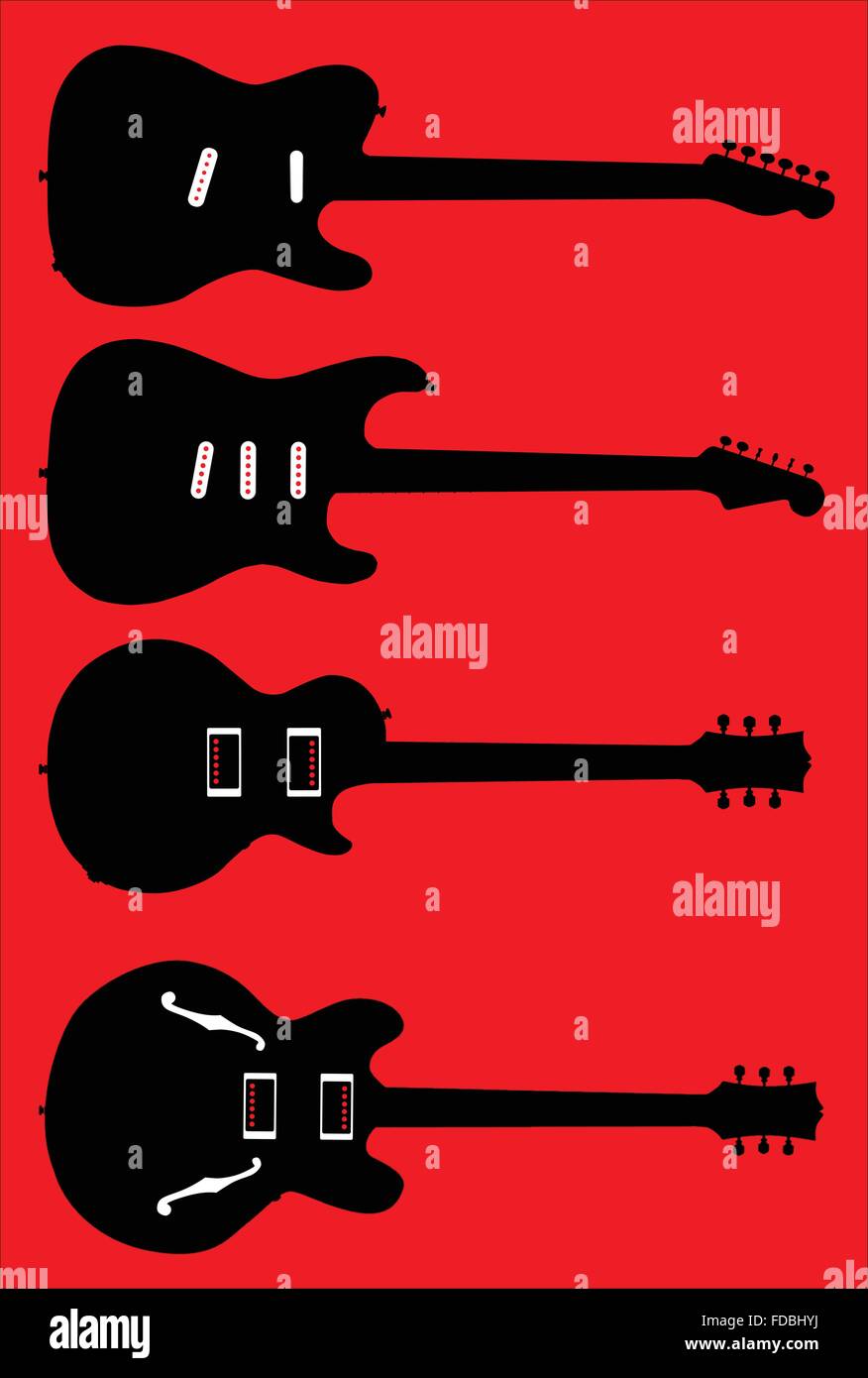 Una collezione di moderni chitarra elettrica forme su rosso Illustrazione Vettoriale