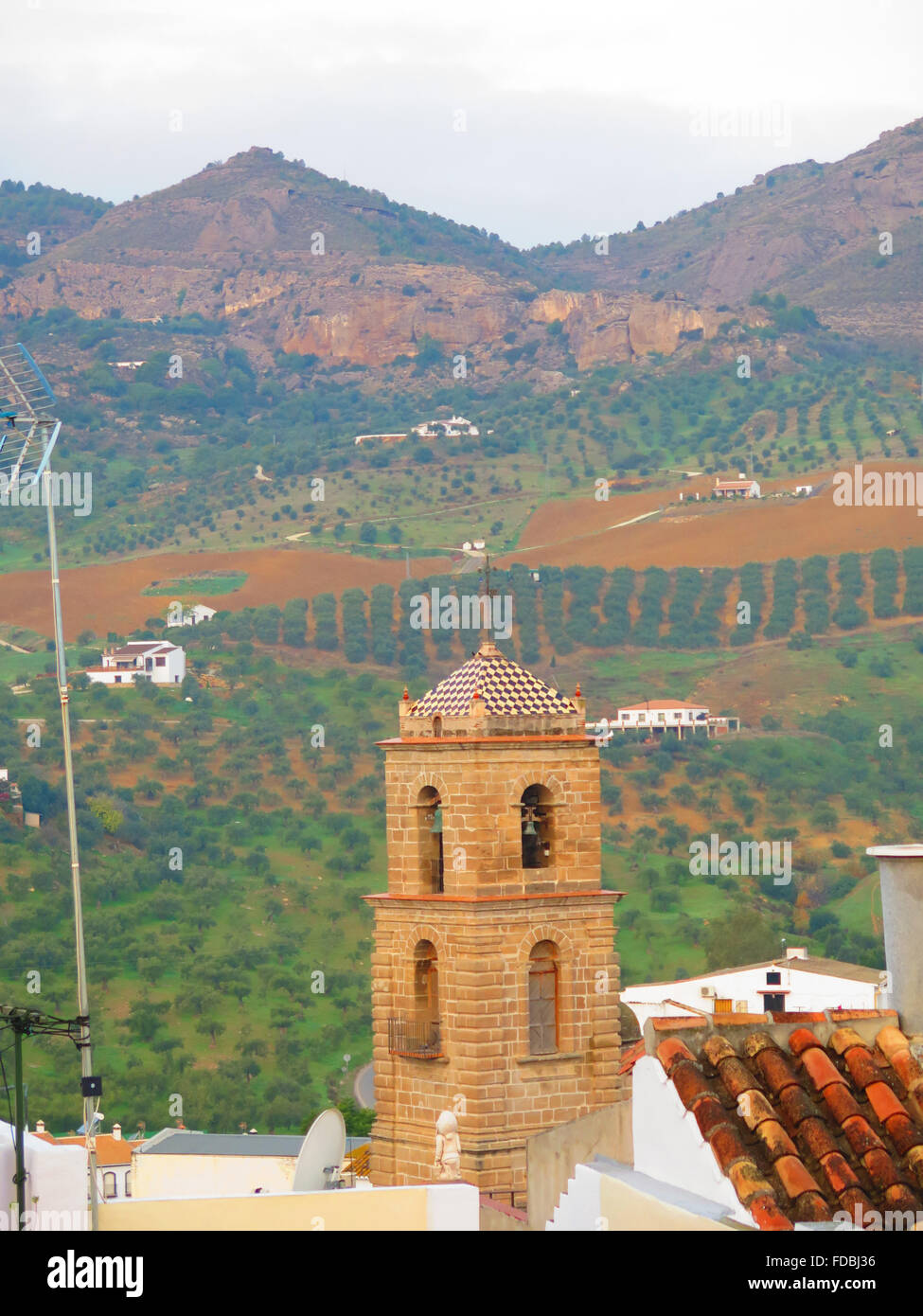 Alora chiesa parrocchiale torre contro oliveti, Andalusia Foto Stock