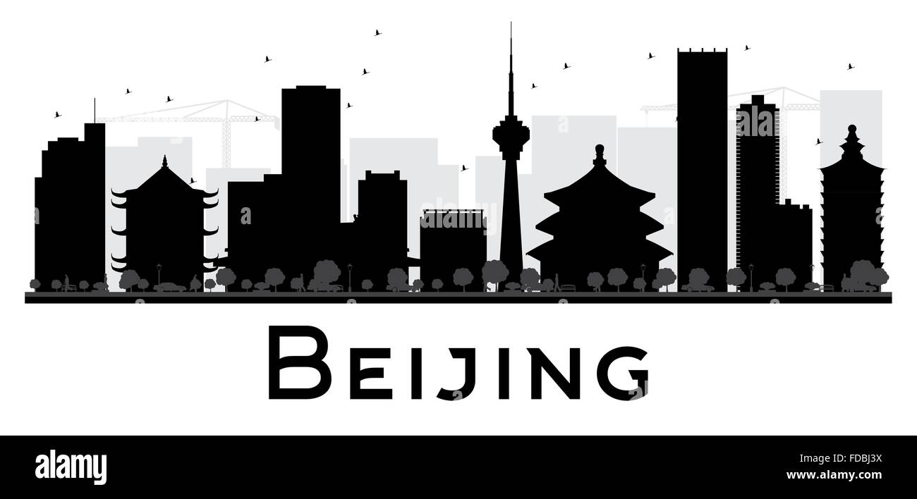 Pechino skyline della città in bianco e nero la silhouette. Illustrazione Vettoriale. Piatto semplice concetto per il turismo presentazione, banner Illustrazione Vettoriale