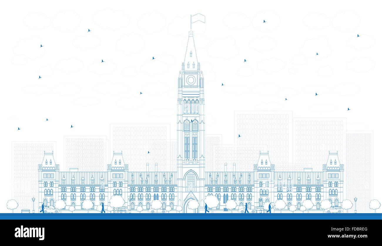 Delineare il Palazzo del Parlamento di Ottawa in Canada. Illustrazione Vettoriale. Viaggi di affari e di turismo con il concetto di edificio storico. Illustrazione Vettoriale