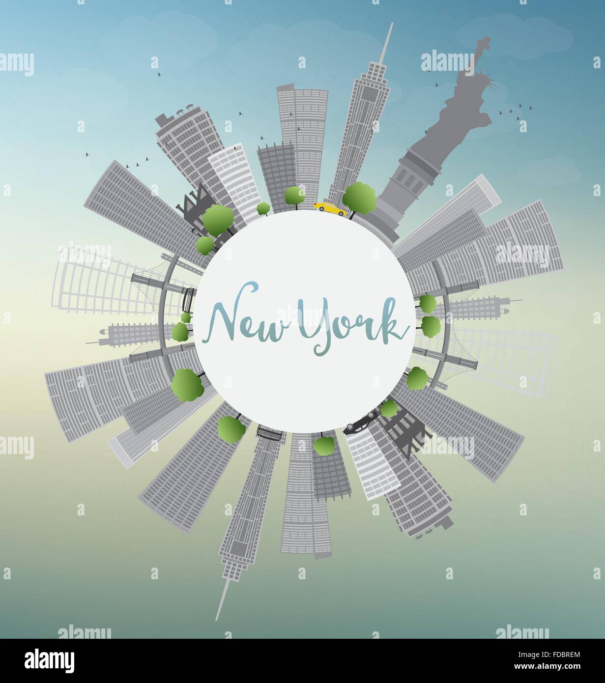 Skyline di new york con edifici grigi, blu cielo e spazio copia. business viaggi e turismo concetto con posto per il testo. Illustrazione Vettoriale