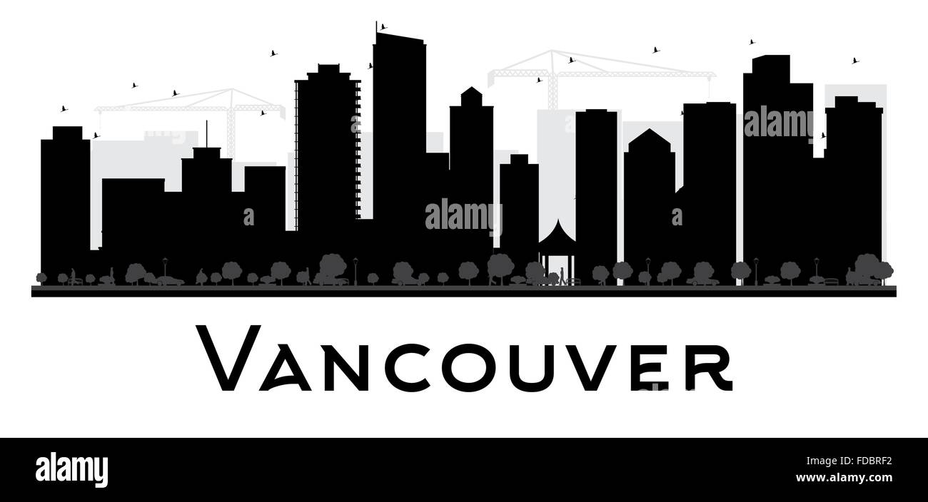 Vancouver skyline della città in bianco e nero la silhouette. Illustrazione Vettoriale. Piatto semplice concetto per il turismo presentazione Illustrazione Vettoriale