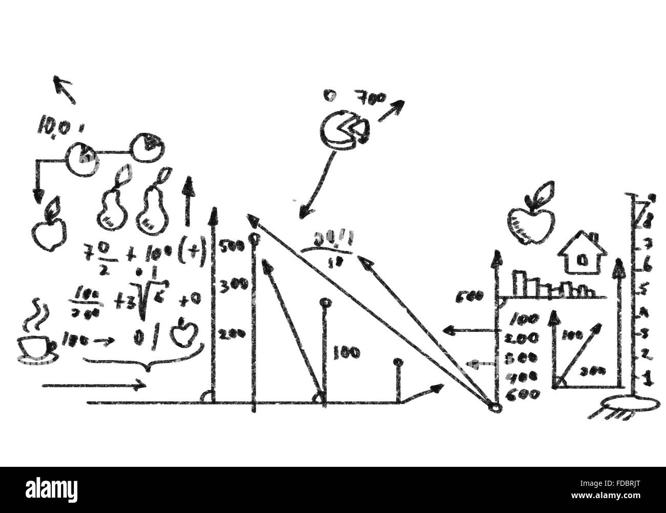 Immagine concettuale con bozzetti su sfondo bianco Foto Stock