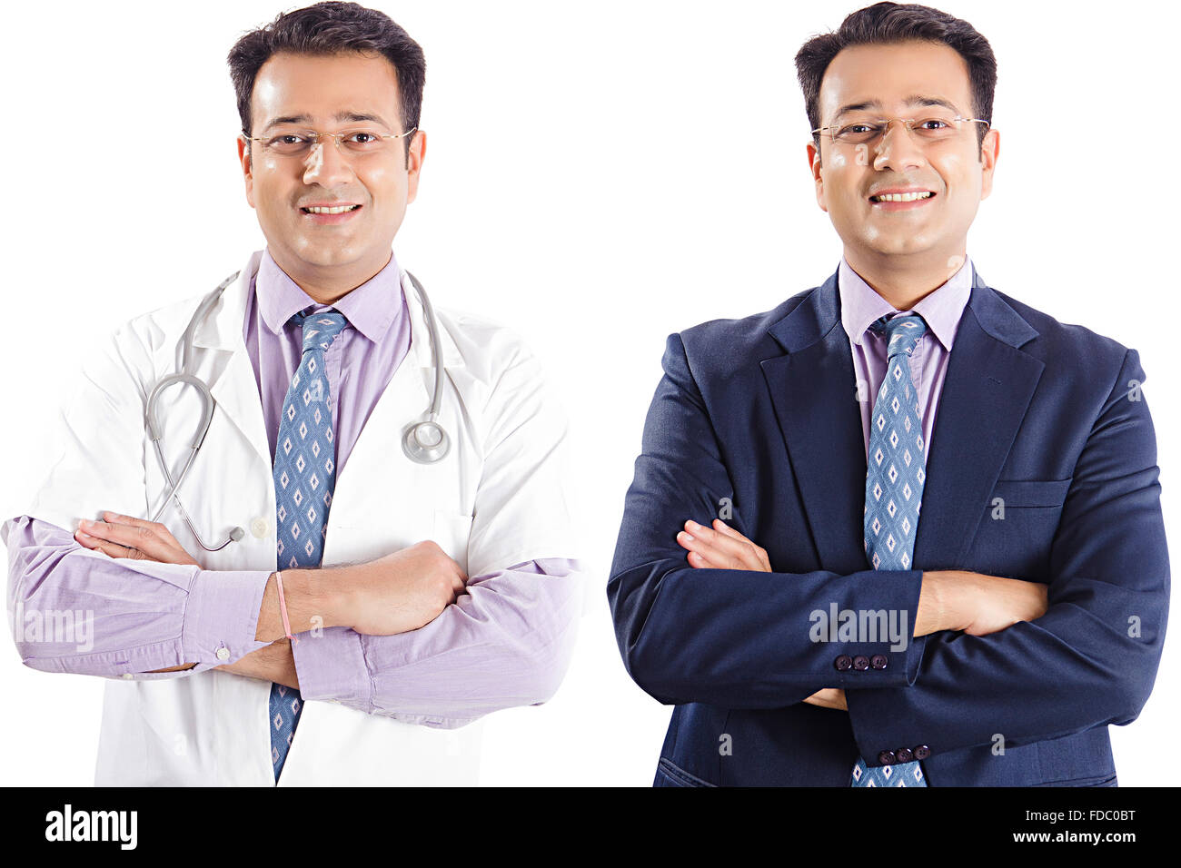 2 indiano adulto medio medico e uomo di affari di confronto permanente contrasto FOTO MONTAGE Foto Stock