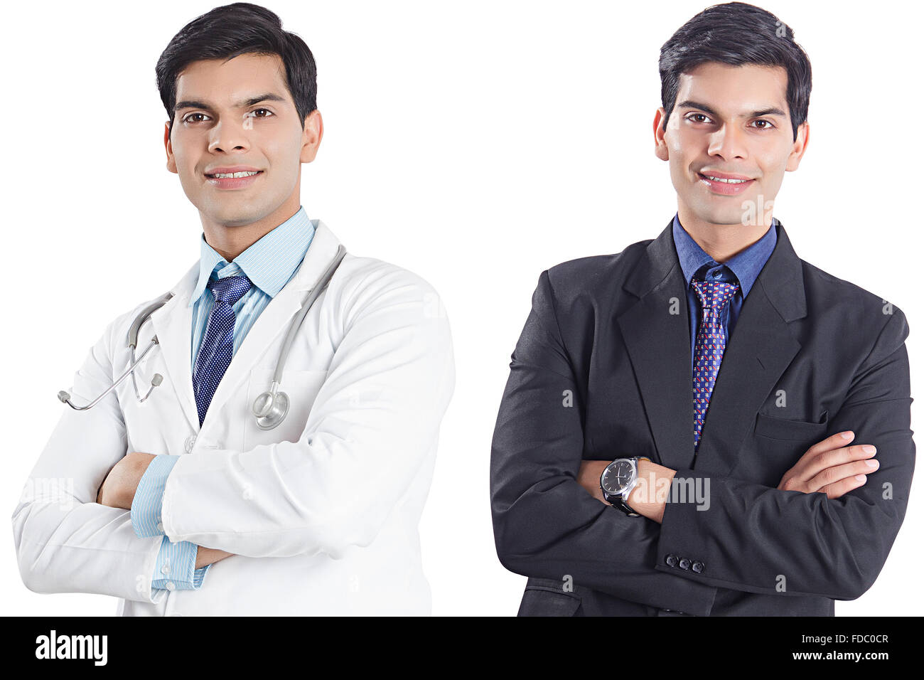 2 adulto indiano medico e uomo di affari di confronto permanente contrasto FOTO MONTAGE Foto Stock