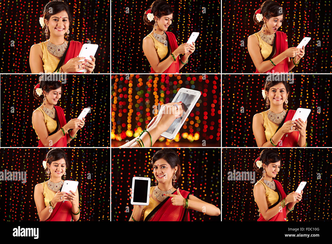 1 donna indiana casalinga diwali cebebration tablet pc communication espressione facciale FOTO MONTAGE Foto Stock