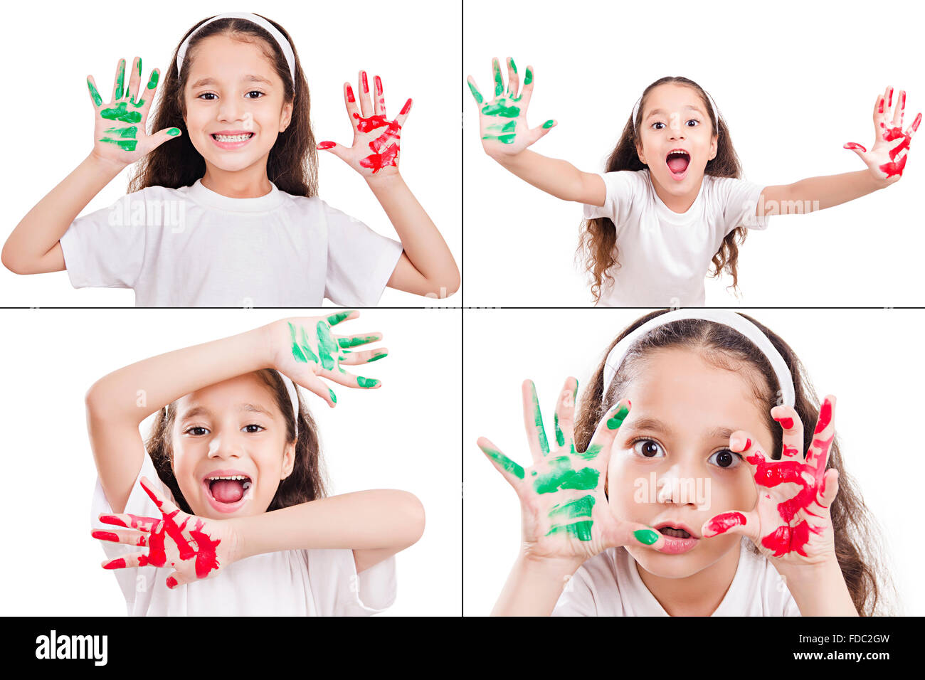 Happy 1 indian kid ragazza disegno mani di pittura vernice che mostra l'espressione del viso FOTO MONTAGE Foto Stock