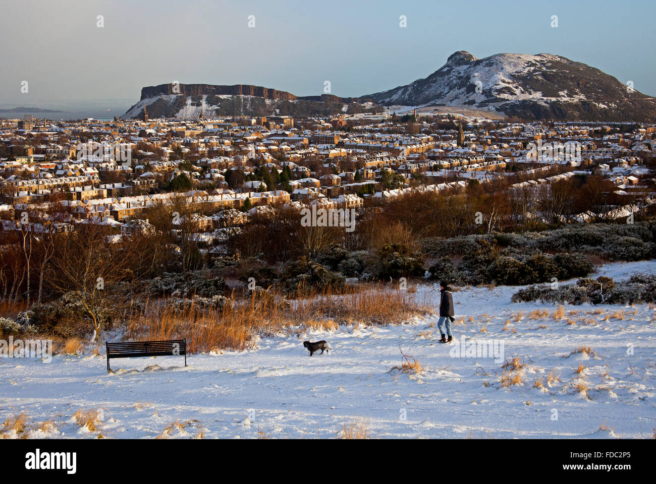 Edimburgo, Scozia, Regno Unito, 30 gennaio 2016. In primo luogo completare la copertura di neve in città questo inverno. Vista da Blackford Hill guardando verso l'Arthurs Seat. Foto Stock