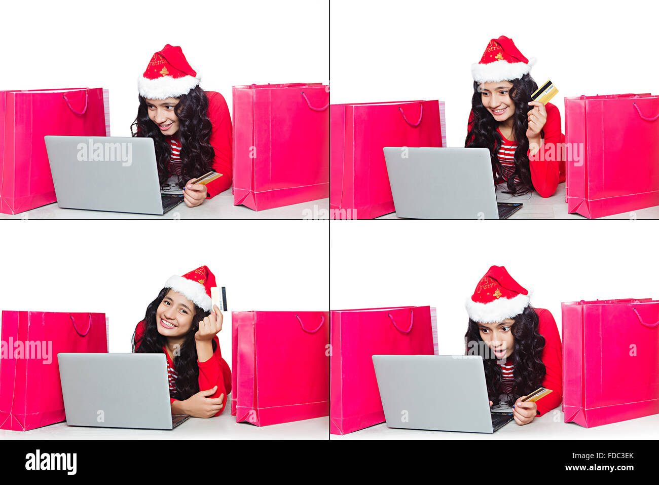 1 indian giovane ragazza adolescente Natale carta di credito con il computer portatile shopping online foto montage Foto Stock