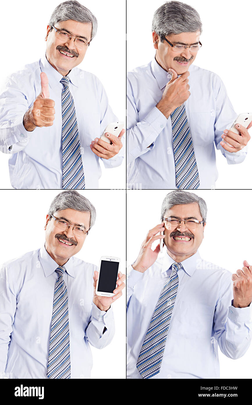 1 indian senior business man di comunicazione telefonica mobile espressione facciale FOTO MONTAGE Foto Stock