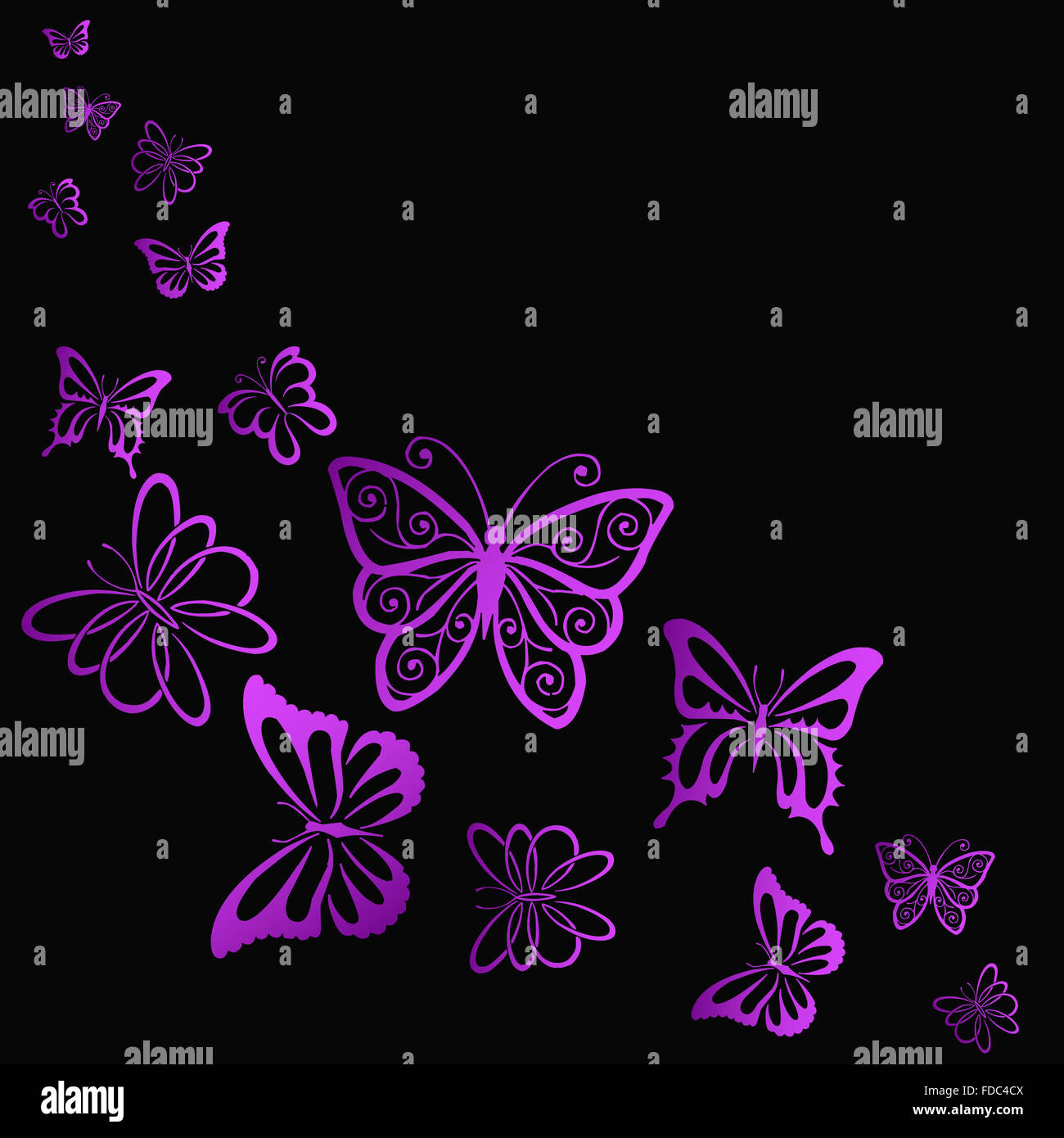 Volare farfalle luminoso al buio Foto Stock