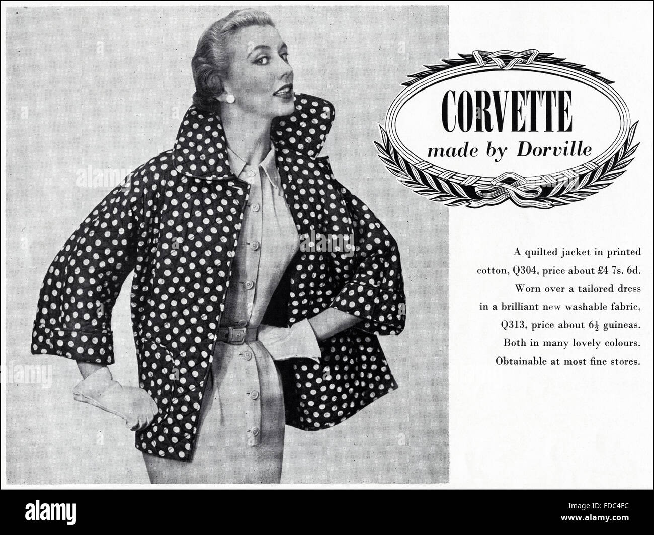 Vintage originale annuncio da anni cinquanta. La pubblicità dal 1954 la pubblicità di moda femminile Corvette fatta da Dorville. Foto Stock