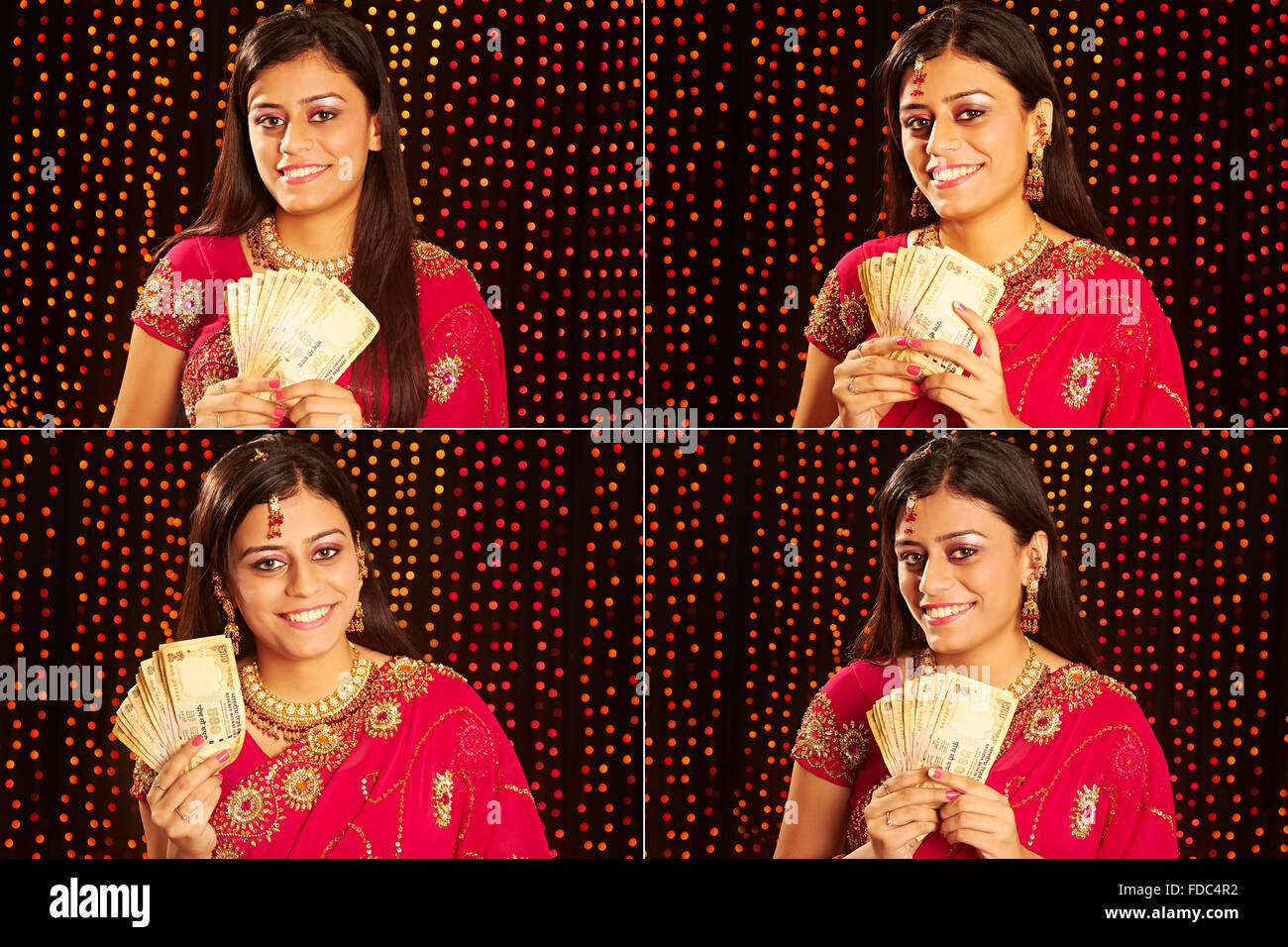 1 donna indiana che mostra il denaro di rupie diwali celebrazioni espressione facciale FOTO MONTAGE Foto Stock