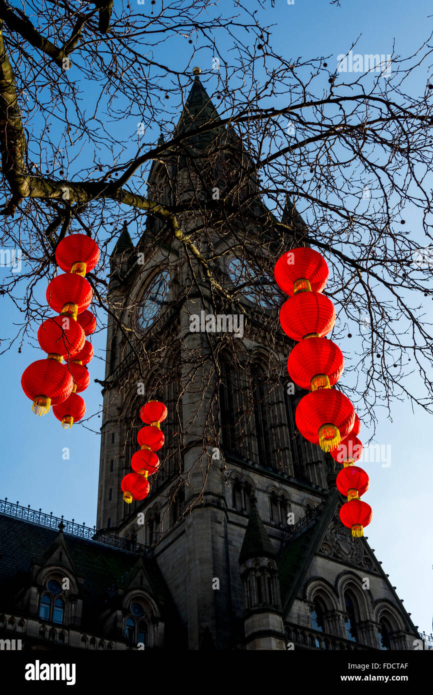 Le lanterne cinesi in piazza Albert, Manchester, Inghilterra, Regno Unito. Per il Capodanno cinese. Il Municipio dietro. Foto Stock
