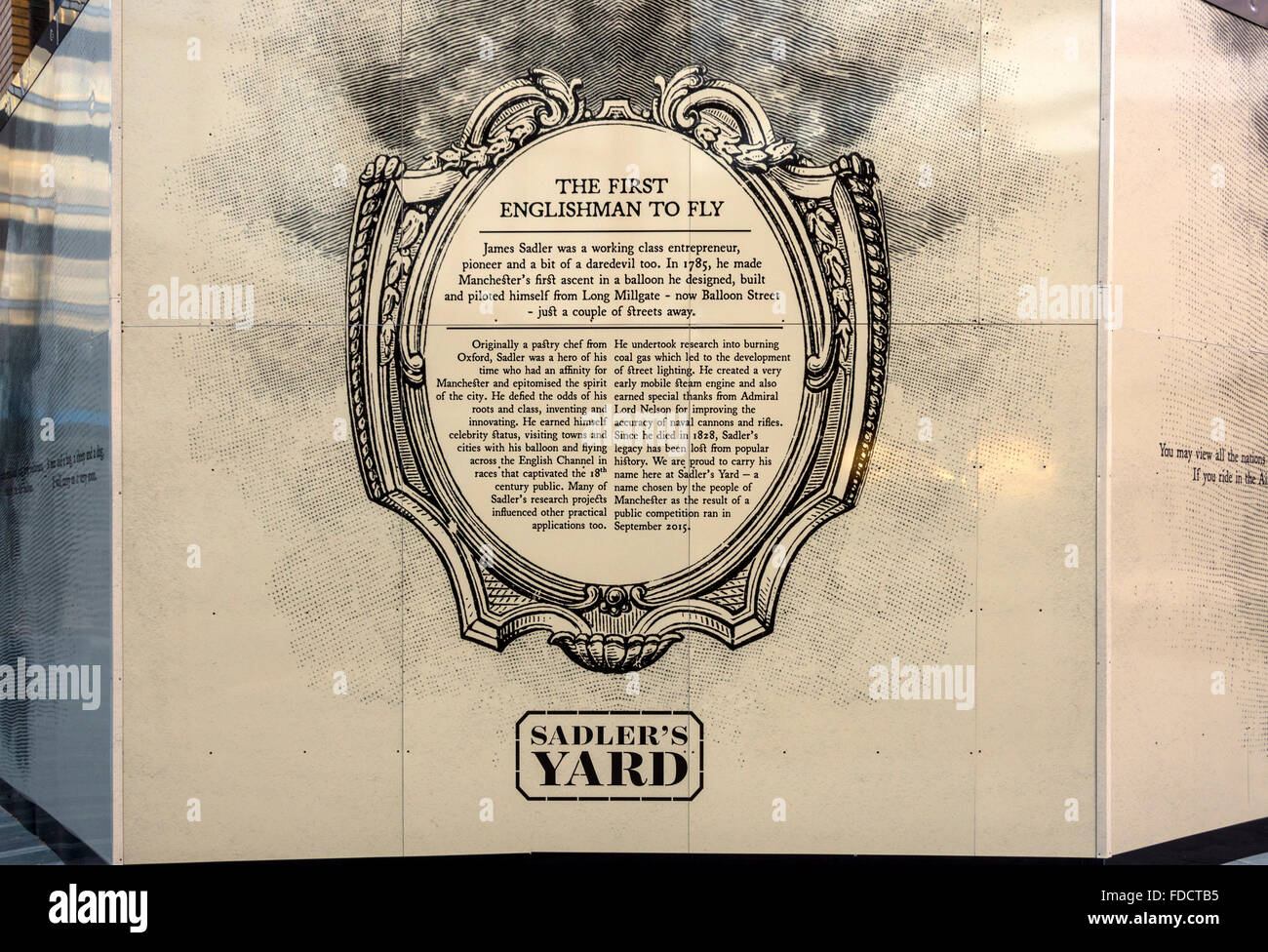 Pannello informazioni su James Sadler, Sadler's Yard, off Dantzic Street, NOMA area, Manchester, Regno Unito Foto Stock