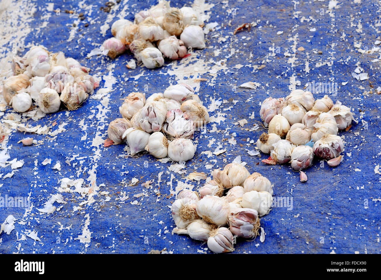 Bulbi di aglio - allium sativum- su uno stallo sul pavimento-mercato di domenica dove il Oromos-Amharas-Afar si incontrano. Senbete-Ethiopia. Foto Stock