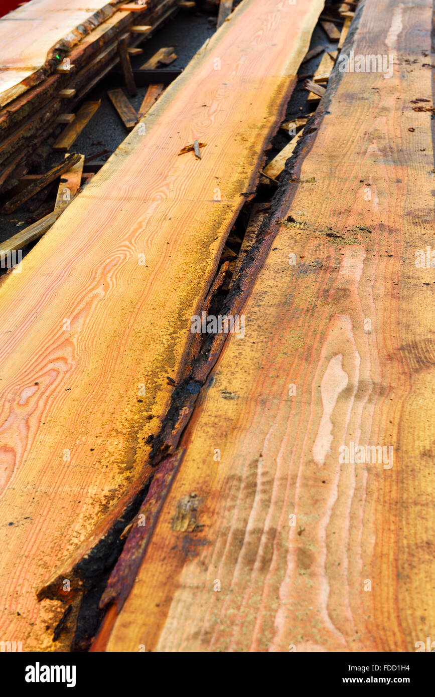 Listoni in legno etichettato e impilati per la stagionatura all'aperto Foto Stock