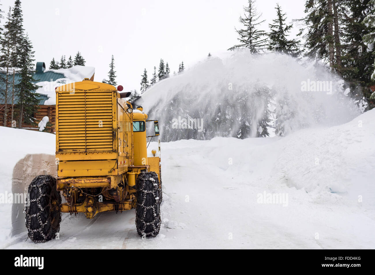 Il giallo di rimozione di neve di compensazione della macchina su strada di montagna Foto Stock