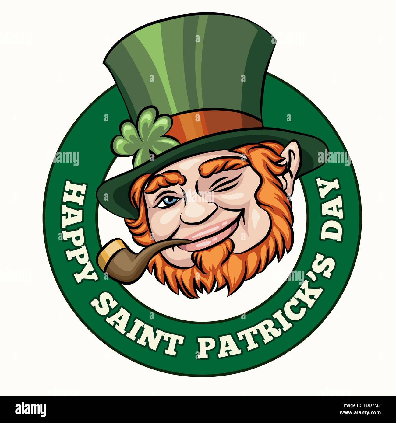 Leprechaun con tubo di fumo Saint Patrics giorno badge o emblema. Free font utilizzato. Isolato su bianco Illustrazione Vettoriale