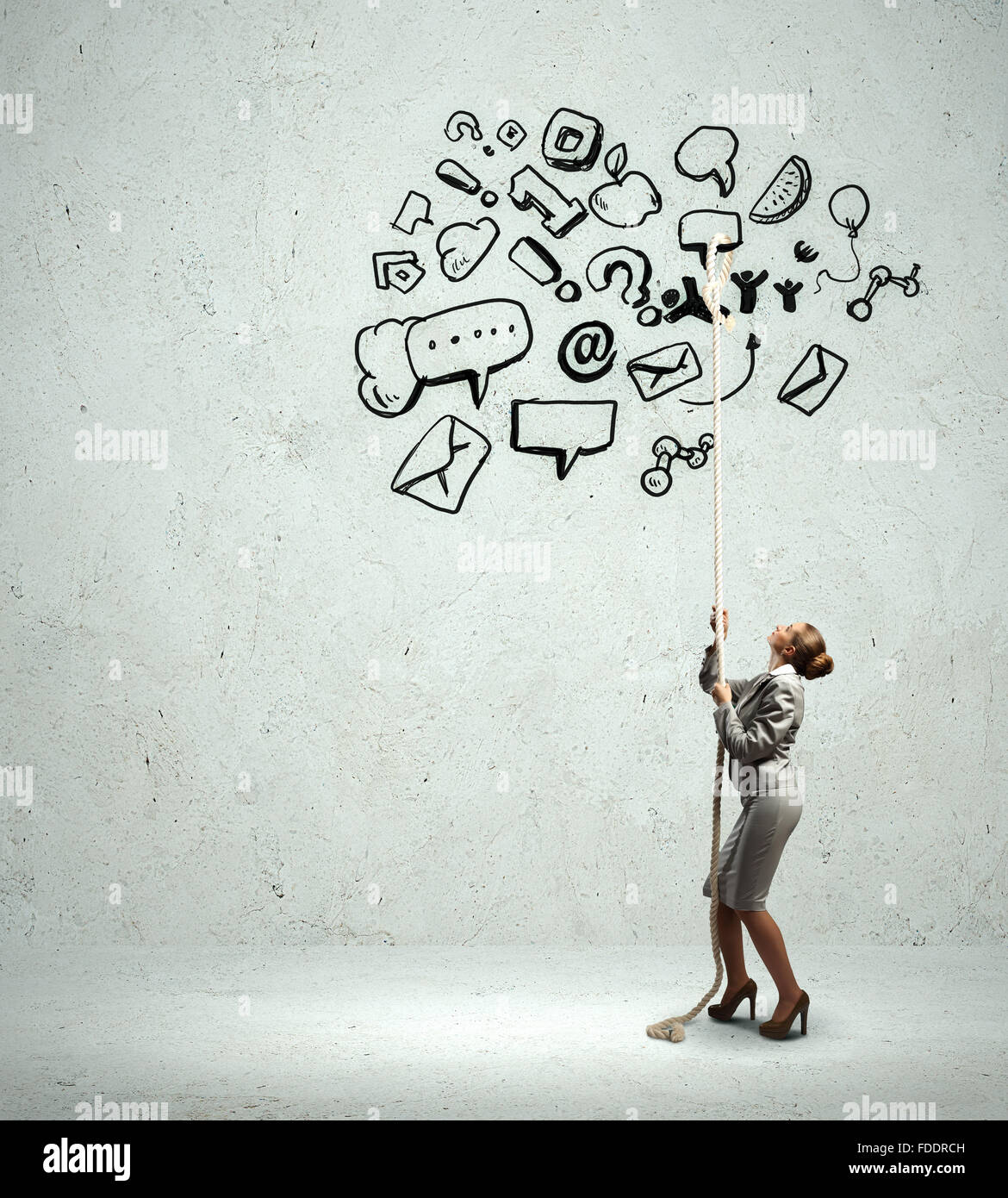 Immagine di pretty bisinesswoman con simboli di business. Collage Foto Stock