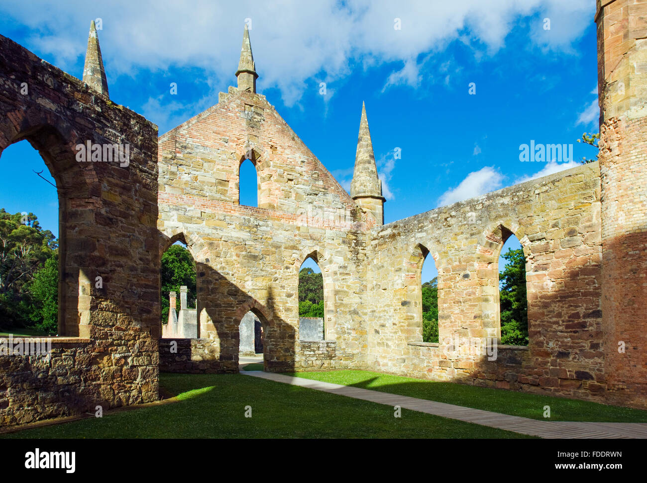 Rovine della chiesa a Port Arthur colonia penale in Tasmania Foto Stock