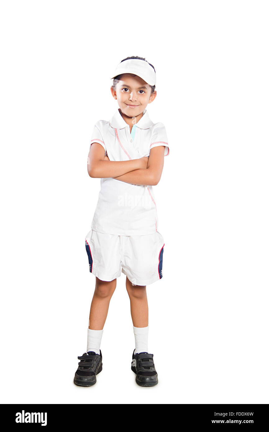 1 persona soltanto la determinazione bambina poco sorridente giocatore sport successo permanente di tennis Foto Stock