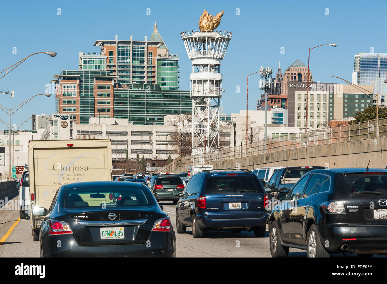 Downtown Atlanta ingorgo sulla I-75/I-85 connettore ad Atlanta, Georgia, Stati Uniti d'America. Foto Stock