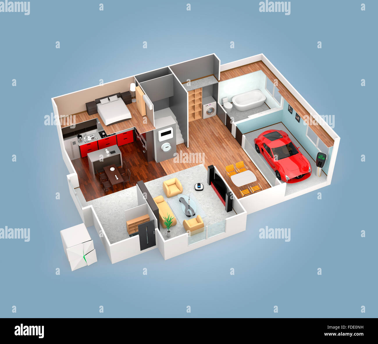 La vista in sezione della casa intelligente interno. Questa casa con alimentazione home del sistema della batteria, il risparmio energetico apparecchio, e l'auto elettrica. Foto Stock