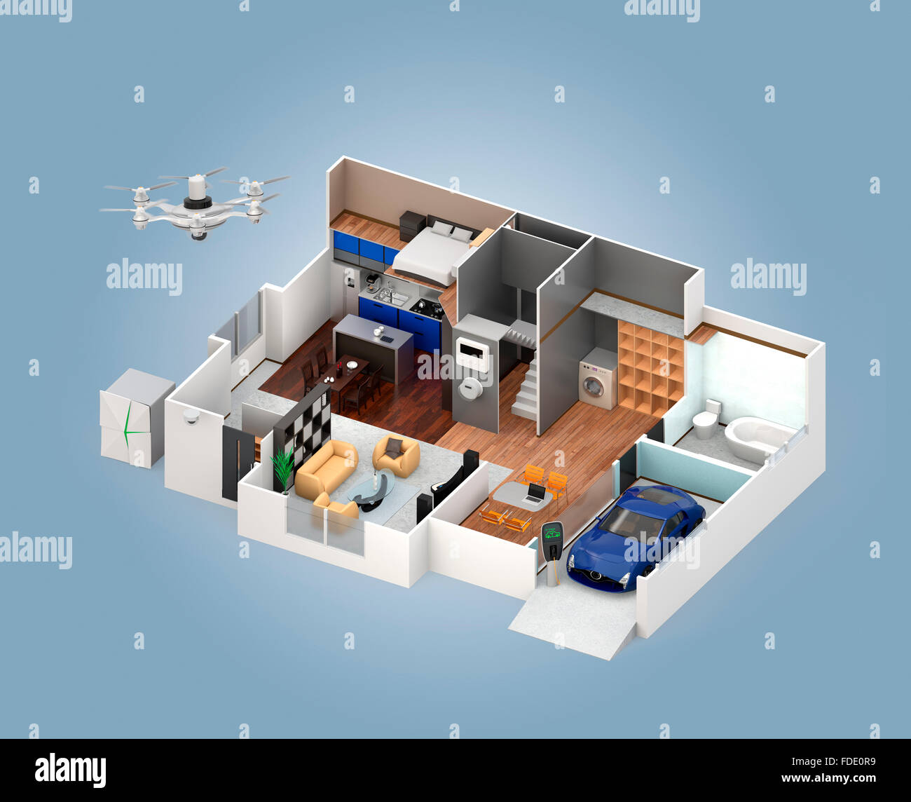 La vista in sezione della casa intelligente interno. Questa casa con alimentazione home del sistema della batteria, il risparmio energetico apparecchio, e l'auto elettrica. Foto Stock